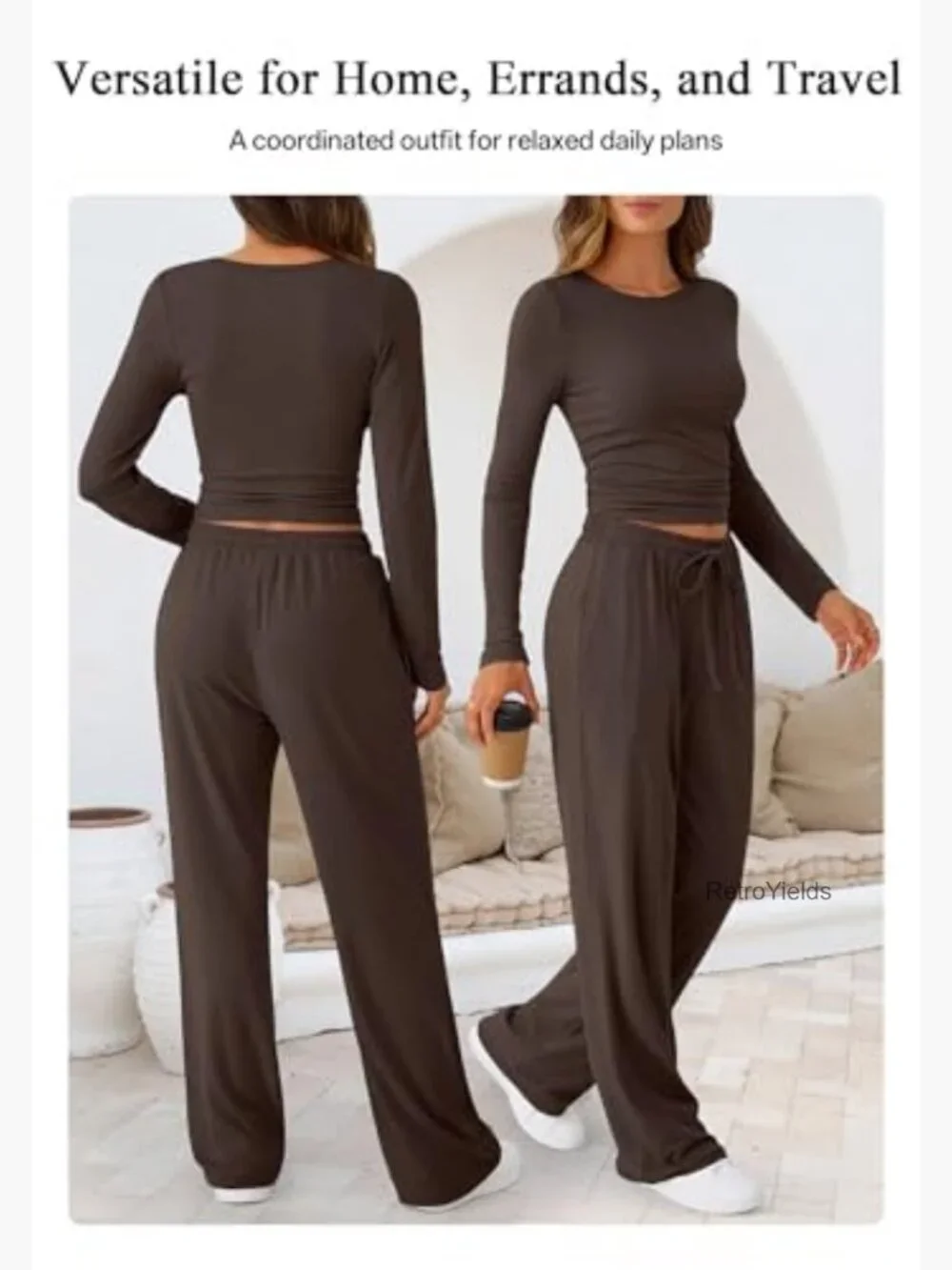 Coordinated Lounge Set - Long Sleeve Top & Wide Leg Pants - Picture 4 of 7
